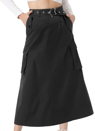 Allegra K Damen Midi Cargo Y2K Röcke Reißverschluss Hohe Taille Gerader Rock mit Taschen Schwarz S