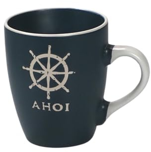 Maritimes Steingut-Geschirr in blau – Henkel-Tasse, Steuerrad, 350 ml | Mix & Match Serie aus Keramik - nautische Motive zum Kombinieren - Küchenzubehör, Geschenkartikel – Seaside No.64