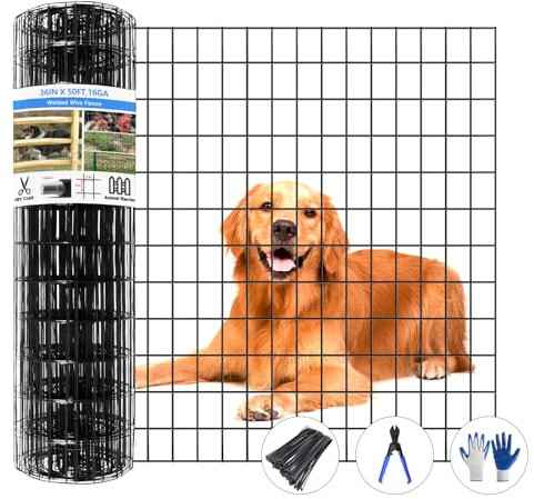 GILPWA Welded Wire Fence, 50ft(L) x 36inch(H) PVC Coated Wire Fencing for Dog, 2 Inch x 3 Inch 16GA Fencing for Chicken, Anti-Rust Roll Metal Wire Mesh Fence for Yard Vegetable, Black