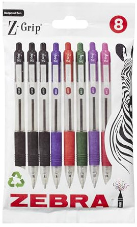 Zebra Pen Z Grip Kugelschreiber, sortiert, mit Taschenclip, einziehbare Kugelschreiber mit sortierter Tinte, zuverlässig, sortiert, Multipack für den täglichen Gebrauch, Design, 8 Stück