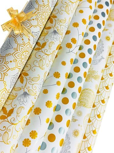 OFIXO (MD-105) Geschenkpapier Geschenkpapier Rolle Geschenkpapierbögen Geschenkhüllen Rapppapier Geschenkpapier Bogen für Geschenkverpackung (Mix-Design - 6 Stück mit 6 Band & 6 Aufkleber)