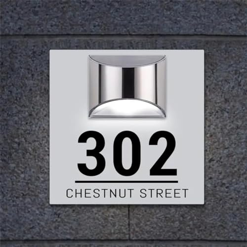 House Numbers Plaques with Solar Lights,Personalised Square House Signs for Outside LED Light Modern Residential Address Plaque Outdoor House Number Street Name Door Plates (White and Black)