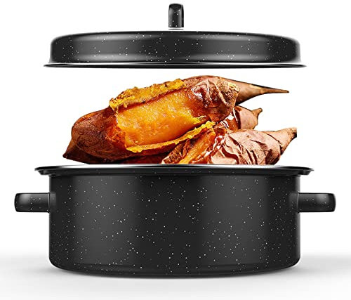 Enamel Roasting Tin with Lid, Enamel Roaster with Rack, Self Basting Roaster Pot for Roasted Sweet Potatoes Chestnuts Small Chickens Turkey Roast Baking Pan