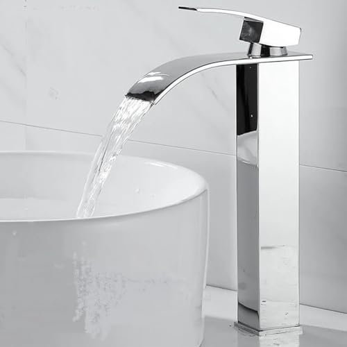 ANMECS Rubinetto per Lavabo Alto, in Acciaio Inox 304, rubinetto per acqua fredda e calda, Design a Cascata, miscelatore lavabo bagno Finitura Cromata, Tubi da 60cm Inclusi (Cromata/Alto)
