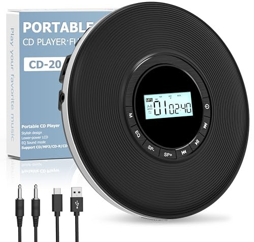 Sunoony Walkman CD Player, Portable Car CD Player, Disman Personal CD Player with Headphone Jack, LCD Display, Anti-Skip, Aux Cable/TF Slot, 2