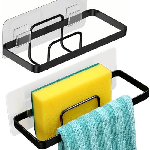 YIGII Set 2er Schwammhalter Küche, Lappenhalter Spülbecken Küchen Organizer, 2 in 1 Spültuchhalter Selbstklebend Waschbecken Ablage Für Schwamm, Bürste, Spülbeckenstopfen Und Lappen, Schwarz