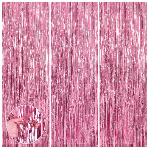SYEYCW 3 Stück 1m x 2.5m Lametta Vorhänge Rosa, Metallische Folie Fransen Vorhang, Glitzer Party Vorhang, Vorhang Hintergrund Dekoration, für Party Deko, Geburtstag, Hochzeit, Halloween (Rosa)