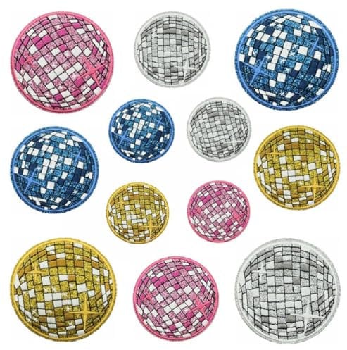 Yalulu 12Pcs Assorted Disco Ball Iron on Patch Embroidered Applique, Cute Embroidered Iron on Patches DIY Sew Applique Patch for T-Shirt Jean Clothes Bag Jacket