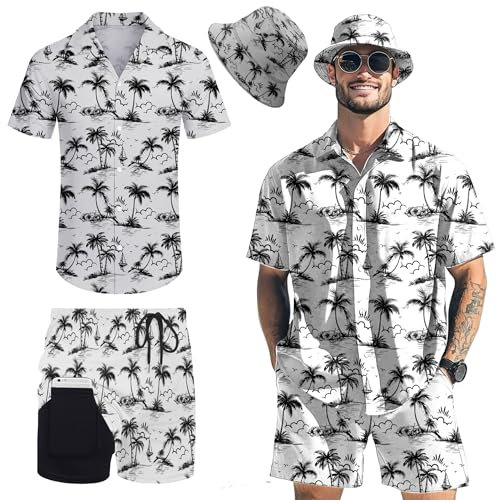 Hawaiianische Herren-Outfits, 2-teilig, Rave-Enten-Shirts, Shorts, Outfits, tropisches Set mit Hut, Palme und Fischerhut, Medium