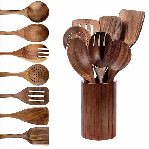 Wood Kitchen Utensils Set- 7+1 Acacia Wood Cooking Utensils Set- D.Sirez's Premium Quality Essential Cooking Acacia Wooden Spatulas for Daily Use!