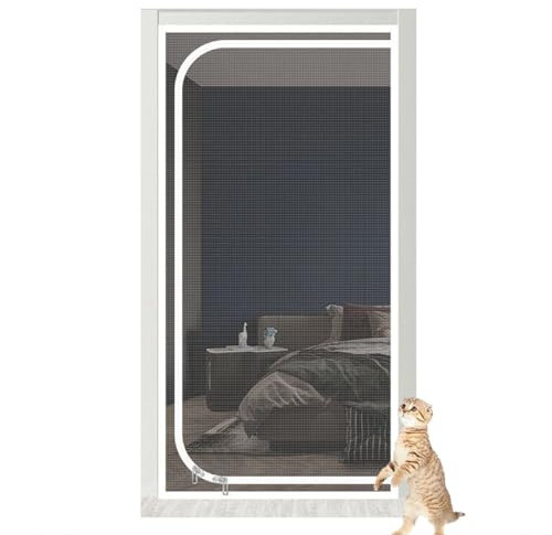 Reinforced Cat Proof Door, Thickened Cat Resistant Mesh Screen Door,Zip Mesh Zipper with Zipper Closure Thickened, for Bedroom, Sliding Door, Living Room Window(White,90x210cm)