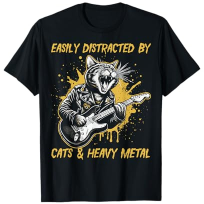Easily Distracted By Cats & Heavy Metal - Funny Rock Cat T-Shirt
