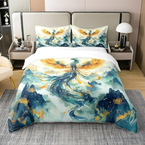Phoenix 100% Baumwolle Bettwäsche Set 135x200,Gradient Bird Magische Tier Bettbezug,Mysteriöse Orientalische Tröster Abdeckung,Exotische Chinesische Malerei Aquarell Bettbezug