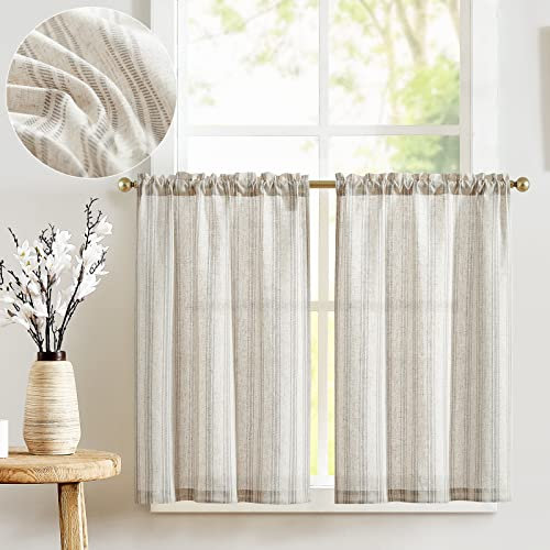 TOPICK Striped Kitchen Curtains for Living Room Bedroom Bathroom Cupboard 24 Inch Drop Linen Blend Short Curtain Tiers Light Filtering Cafe Curtains Rod Pocket Grey on Beige 2 Panels