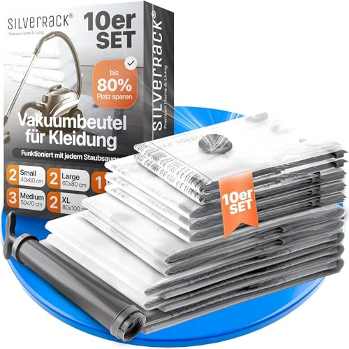 SilverRack Vakuumbeutel für Kleidung, Vakuumierbeutel Bettdecken, Reise | Vacuum Bags - 10 Vakuumtüten: 2x 40x60 cm, 3x 50x70 cm, 2x 60x80 cm, 2x Jumbo 80x100 cm, 1x 90x130 cm, Handpumpe & Etiketten