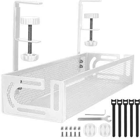 Under Desk Cable Management Tray, No Drill Metal Mesh Under Desk Cable Organizers with Clamp Mount, Wire Management Tray for Desks 0.4 to 2 Thick, White Cord Organizer for Office, Home