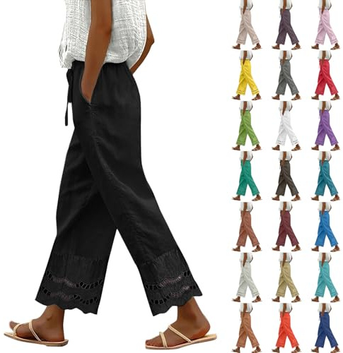 Uwdiohq Pantalon Fluide Femme Été 7/8 Coton Lin Taille Haute Élastique avec Poches - Décontracté Léger Fluide pour Plage - Chic et Élégant Pantalon Large