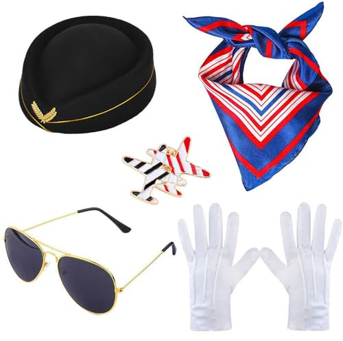TOEECY 5stück Frauen Flugbegleiterin Kostüm Zubehör Cosplay Set für Damen Cosplay Accessoires, Handschuhe, Brille, Schal, Brosche, Baskenmütze für Erwachsene Party