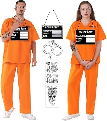 SINSEN Prisoner Costume for Adults Orange Prisoners Convict Top Trousers with Handcuffs Accessories Inmate Jail Robber Fancy Dress Halloween Cosplay Outfit for Men Women