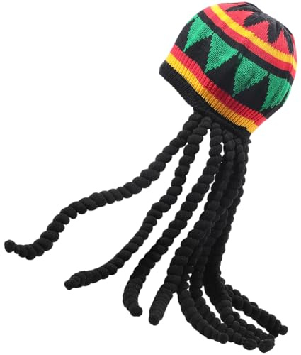 CABODYALS 250mm Rasta Stil Mütze Mit Dreads Jamaikanisches Haar Zopf Toupet Dread Perücke Reggae Kostümzubehör Schwarze Dreadlocks Beanie Mützen Für Männer Und Frauen Halloween Festival Cosplay Party