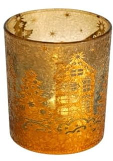 Werner Voss GmbH Elegantes Windlicht aus goldfarbenem Glas, liebevoll mit weihnachtlichen Motiven gestaltet. Perfekt für stimmungsvolles Kerzenlicht im Innenbereich.