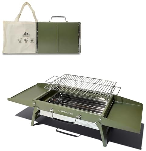 Charmline 39 x 27 cm Foldable Portable Charcoal BBQ Grill, Camping BBQ Grill for 2–4 People, Ideal for Camping, Garden, Beach, Picnic & Tabletop Use, Green