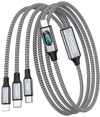 RAVIAD 100W Cable USB C a Multi Cable de Carga Rapida [2M] Cable 3 en 1 | Micro USB C Tipo C Lightning Cable con pantalla LED para iPhone 17/16/15/14, Galaxy S25/S24/S23, Pad Pro/Mini, MacBook