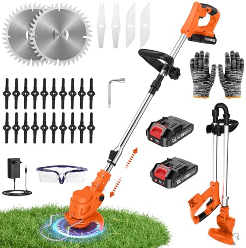 Debroussailleuse Electrique sans Fil 21V avec 2 Batteries 2000mAh, Coupe Bordure sans Fil avec Batterie Léger et Pliable 4 Types de Lames, Rotofil Batterie pour Pelouse et Jardin (Orange)