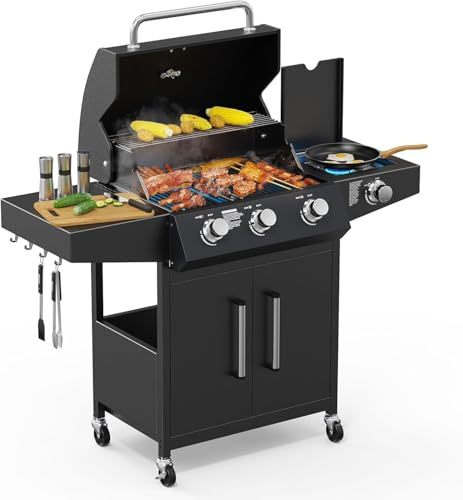 Outopee 3+1 Burner Propane Gas Barbecue Grill with Side Burner, Wheels | Portable Gas BBQ w/Enameled Cast Iron Grate, Warming Rack, Thermometer for Patio Garden Party Camping Outdoor Cooking