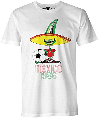 More T Vicar Retro Pique Mexico 86 - Distressed Print Mens Football World Cup T Shirt White
