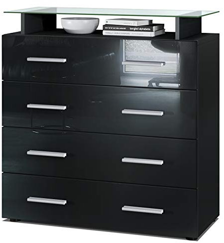 Vladon Sideboard Pavos V2, Kommode mit 4 Schubladen und Glasablage, Schwarz matt/Schwarz Hochglanz (76 x 81 x 35 cm)
