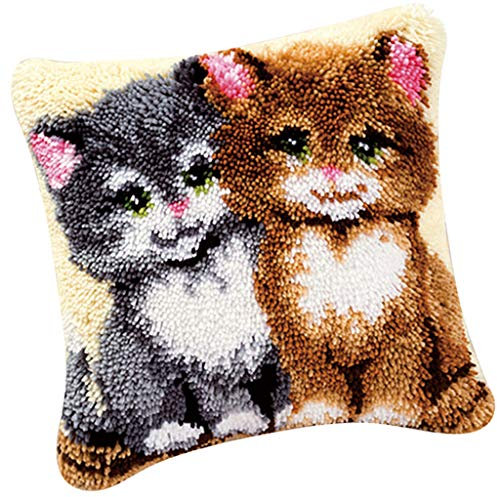 IPOTCH DIY Knüpfkissen, Kissenbezug Knüpfen, Latch Hook Kit, mit Werkzeug für Kissenbezug, Sofakissenbezug, Wurfbezug - Zwei Katzen