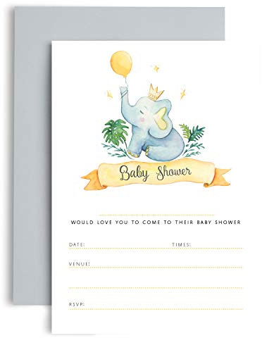 Baby Shower Invitations 10 Pack of Grey and Yellow Watercolour Design for boy or Girl - Ready to Write Invitations with Pale Grey Envelopes
