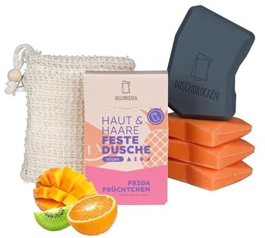 Duschbrocken 2in1 Festes Shampoo & Duschgel Set - 3x Frida Früchtchen, FAIRpackung & Sisalsäckchen - Natürlich, Vegan & Plastikfrei