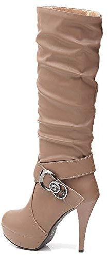 ORANDESIGNE Eleganti Stivali Donna Stivali con Tacco Alto con Plateau Tacco Alto Sottile Stivali con Fibbia della Cintura di Strass C Marrone 38 EU