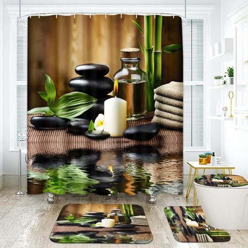 ArtSocket Duschvorhang-Set, Zen Steine, Spa, Öl, Holz, Massage, Entspannung, Kerze, ayurvedisches Wasser, Bambus, Grün, mit rutschfesten Teppichen, 182.9 x 182.9 cm, 4-teilig