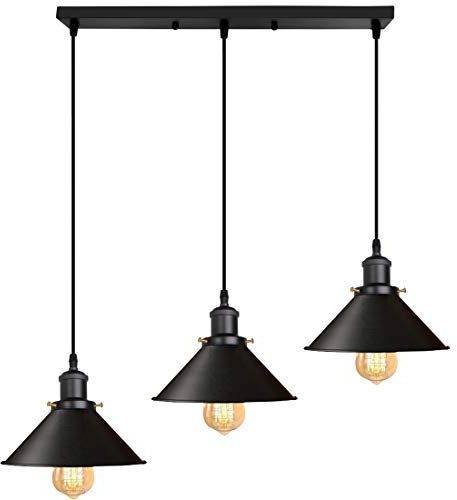 iDEGU 3-flammige Pendelleuchte Industrielle Hängelampe Stil Edison Vintage Pendellampe mit 22cm Metall Lampenschirm E27 Fassung Hängeleuchte für Esszimmer Küche Wohnzimmer (Balken, Ganz Schwarz)