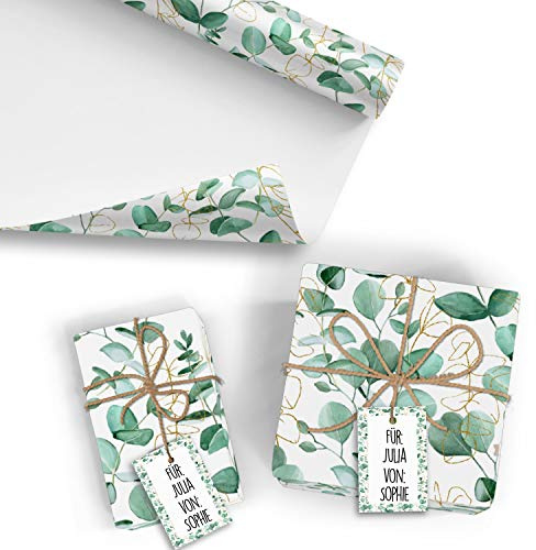 10x Geschenkpapier Motiv Eukalyptus - 10 große Bogen je 70 x 100 cm - verpackt als eine Rolle - inkl. Passende Geschenkanhänger - Umweltfreundliche Geschenkverpackung - Marke Neuser