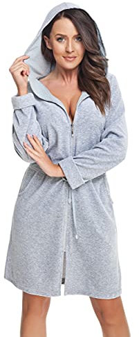 DOROTA kuscheliger und moderner Damen Bademantel, mit Reißverschluss, Taschen & Kapuze, made in EU, grau-gepunktet, Gr. XL