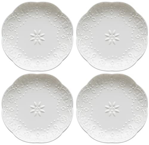 Sizikato Lot de 4 assiettes à apéritif en porcelaine blanche de 10,2 cm, assiette à sauce en relief de dentelle