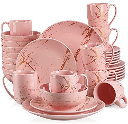 LOVECASA, Série Daphne, 32pcs Service de Table Complet Moderne en Porcelaine pour 8 Personnes 8 Assiette À Dessert,8 Assiette À Dîner,8 Tasse,8 Bol à Motif Plaqué Or