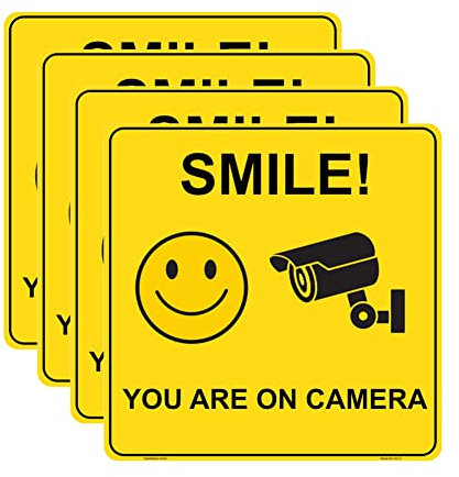Haobase 4 adesivi in vinile autoadesivo con scritta Smile You are on camera, 15 cm x 15 cm