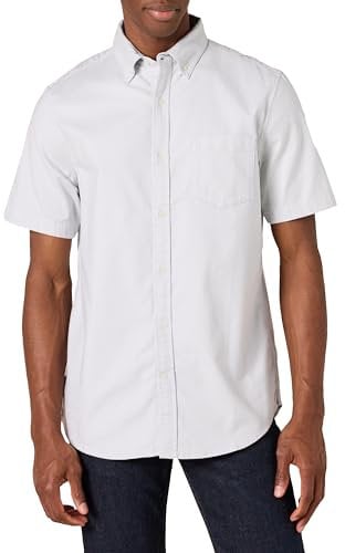 Amazon Essentials Men's Regular-Fit Short-Sleeved Stretch Oxford Shirt with Pocket, Light Grey, M