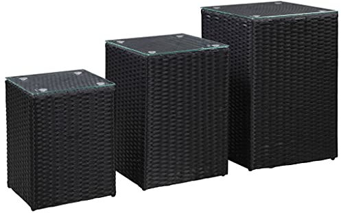 RONGQI Beistelltisch, Sofatisch, Druckertisch, Laptop Tisch, Couchtisch, Sofa Tisch, Kaffetisch,e 3 STK. mit Glasplatte Schwarz Poly Rattan