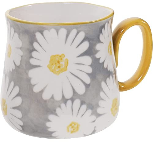 FülleMore Kaffeetasse Kaffeebecher aus Porzellan 450ml große Teetasse Blumenmuster Becher mit Henkel für Kaffee, Tee Milch, Kakao,Cappuccino,Saft (Grau)