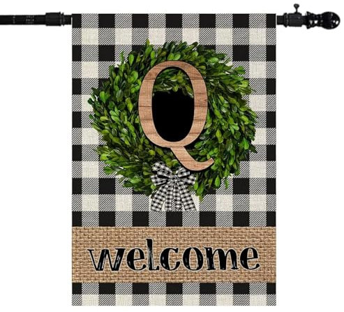 Willkommen Haus Flaggen Q Initiale Buchstabenkranz Benutzerdefinierte Nachname Veranda Flaggen Vertikale Doppelseitige Buffalo Plaid Holz Garten Hof Banner Rasen Outdoor Dekoration 71,1 x 101,6 cm (Q)