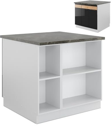 Vicco Isla de Cocina Fame-Line, Roble Negro Alto Brillo/Blanco/Blanco, 90 cm con cajón, sin encimera