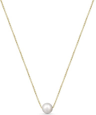 Amberta Frauen 925 Sterling Silber Süßwasser Perlen Halskette: Vergoldete Halskette mit schwimmendem 9-10 mm Perlenanhänger