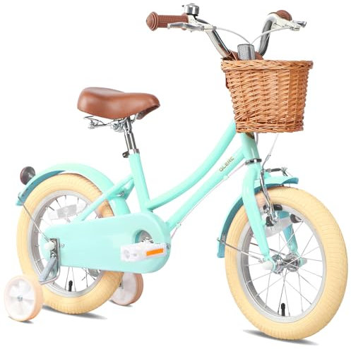 Glerc 12 Zoll Kinder Mädchen Fahrrad für 3 4 5 Jahre alt kleine Mädchen Retro Vintage-Stil Fahrräder mit Korb Training Räder und Glocke, Mintgrün