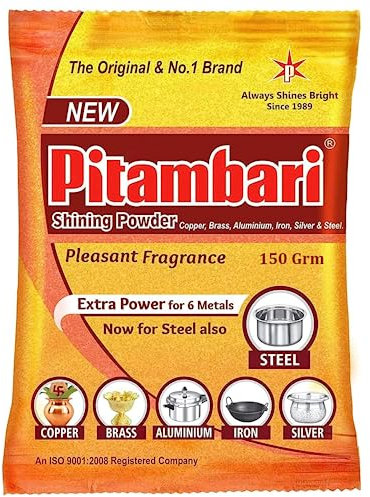 Pitambari Shining Powder for 6 Types of Metals (Copper, Brass, Steel, Iron, Silver, Aluminum) for Puja Utensils - 150Grm
